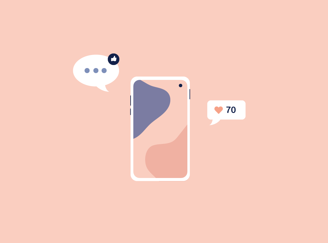 Pink graphic of a phone and social icons around it
