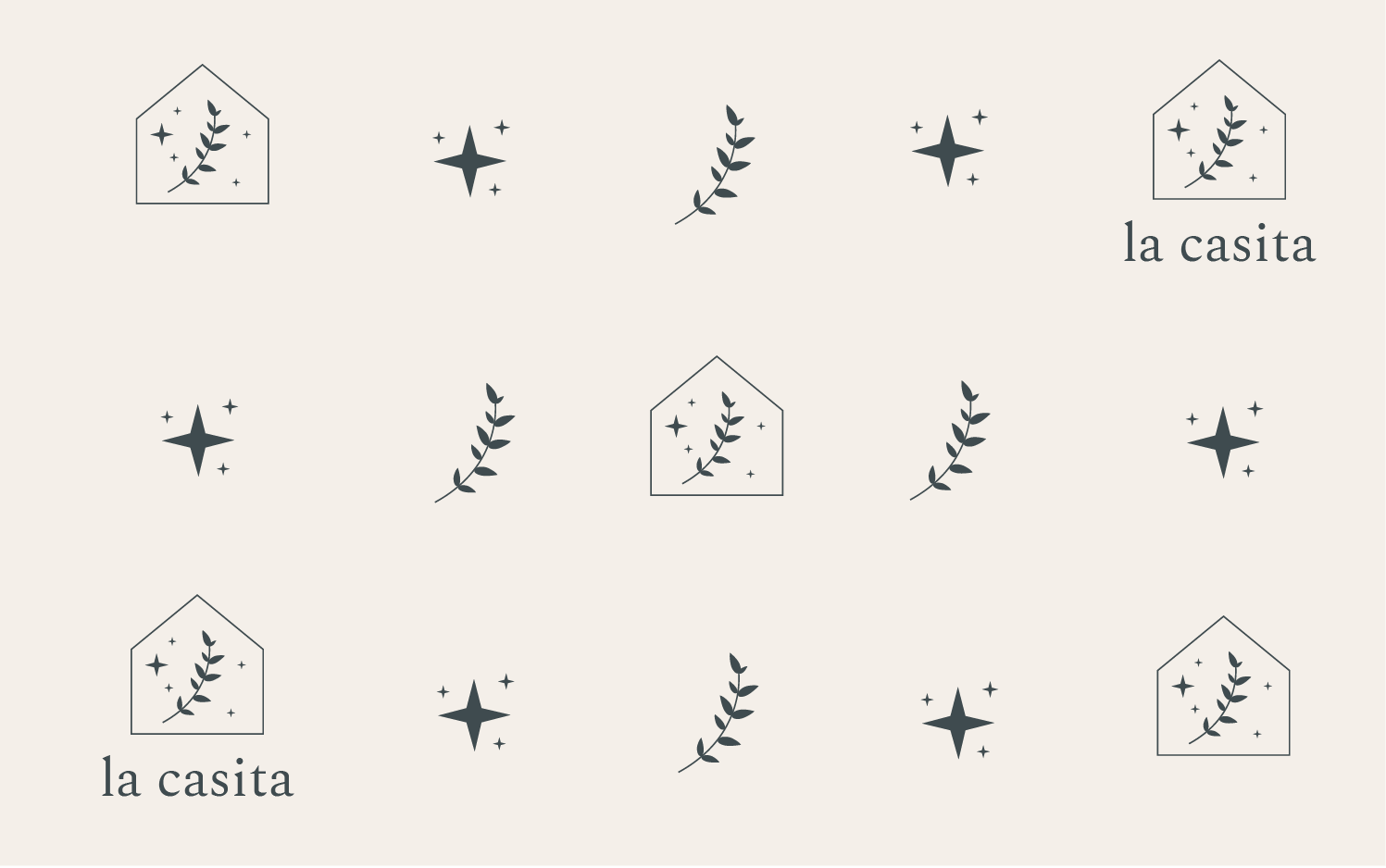 La Casita logos, branch elements and star elements in a pattern